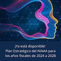 Una colorida línea de puntos formando una cara. El texto superpuesto dice: ¡Ya está disponible! Plan Estratégico del NIAAA para los años fiscales de 2024 a 2028.